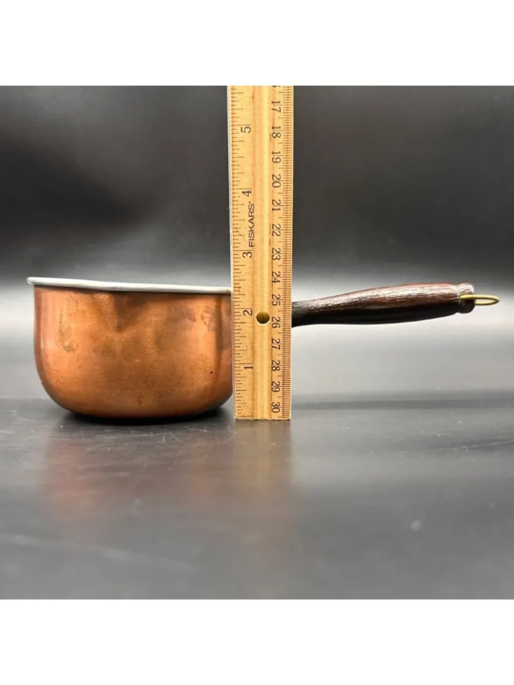 Vintage Copper Saucepan Wooden Handle Rustic Cookware Pot Dipper Pour Spout